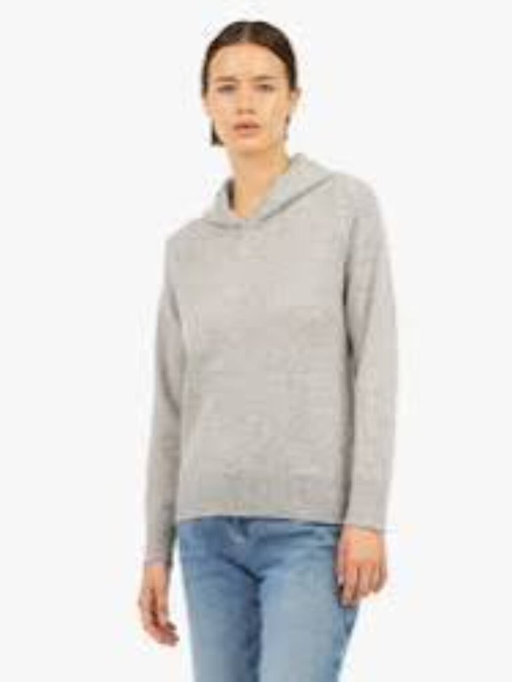 Grey Fine-Knit Pullover Sweater Hoodie – Relaxed Crossover Hood Wool blend(LOFT)